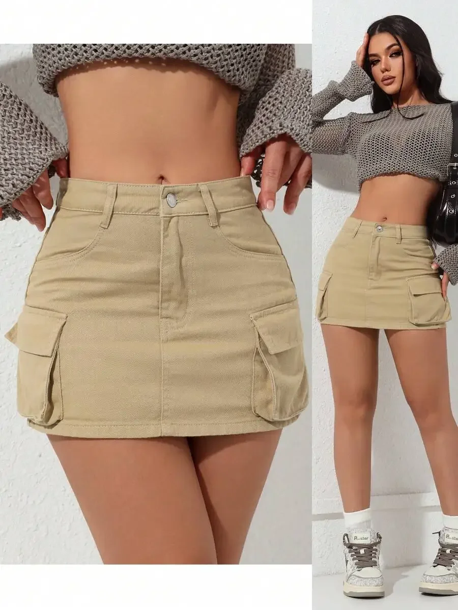 Women's Khaki Cargo Mini Skirt with Front Pockets and Button Closure
Women's Khaki Cargo Mini Skirt with Front Pockets and Button Closure
