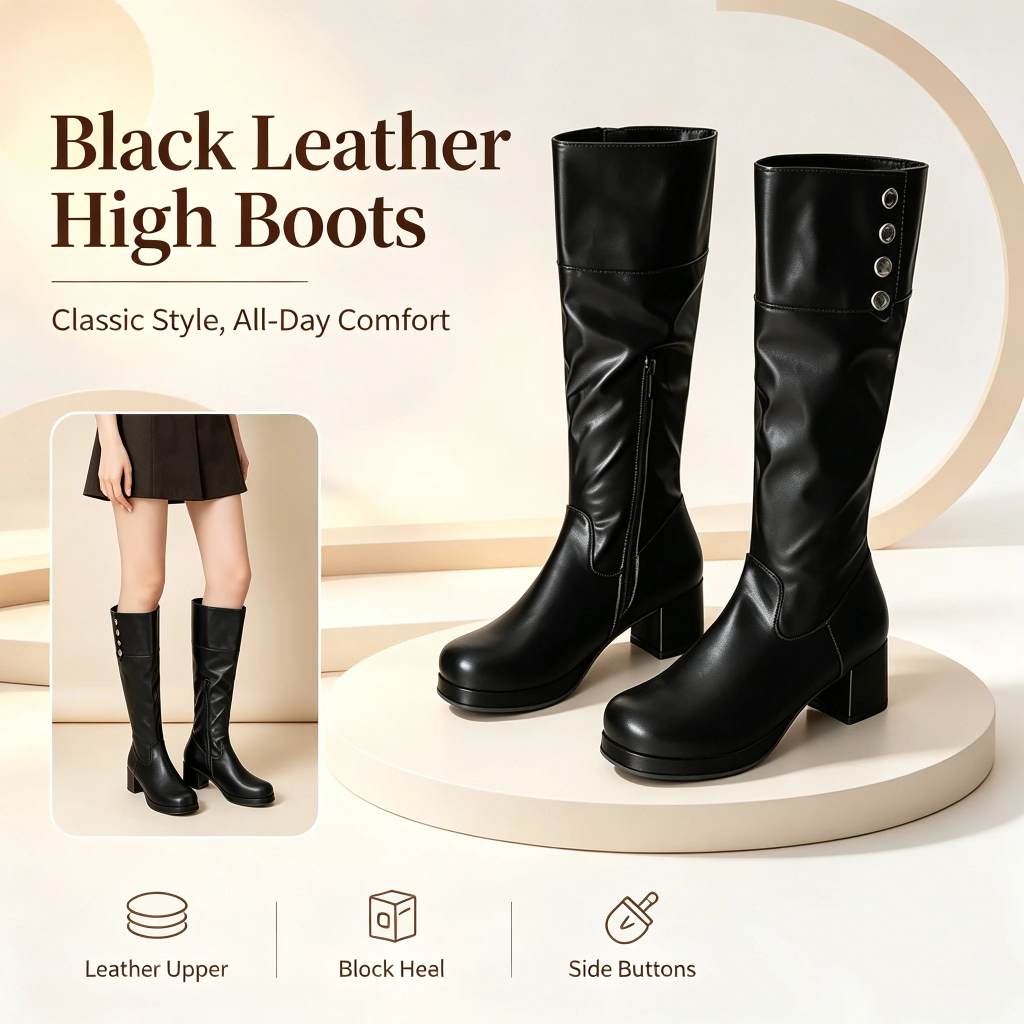Black Leather Convertible Cuff Knee High Boots Women Metal Buttons Side Zipper Platform Block Heel Round Toe Fashion Tall Boots
Black Leather Convertible Cuff Knee High Boots Women Metal Buttons Side Zipper Platform Block Heel Round Toe Fashion Tall Boots