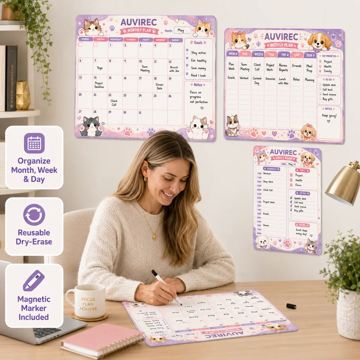 AUVIREC 3-Piece Adhesive Dry Erase Planner Set, Pastel Pet Monthly Weekly Daily Office Calendar with Magnetic Marker
AUVIREC 3-Piece Adhesive Dry Erase Planner Set, Pastel Pet Monthly Weekly Daily Office Calendar with Magnetic Marker