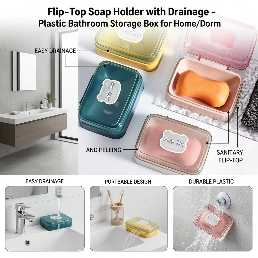 Plastic Flip Top Soap Box Drain Design for Household Dormitory Toilet Balcony Quick Hand Soap Storage Organizer
Plastic Flip Top Soap Box Drain Design for Household Dormitory Toilet Balcony Quick Hand Soap Storage Organizer