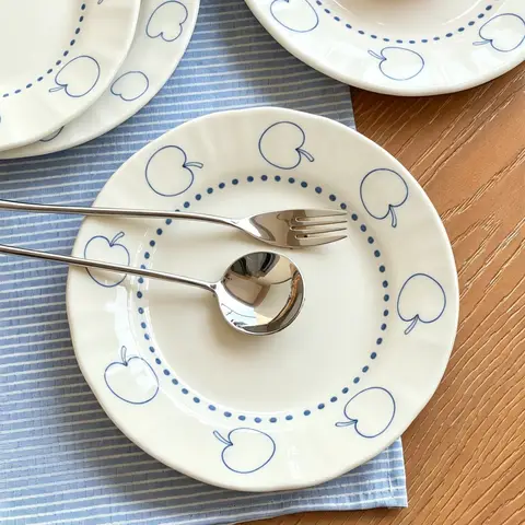 Sea Salt Apple Ceramic Plates, Cute Underglaze Color Tableware, Versatile Home Dinner Plates, Aesthetic Breakfast Plates, Deep S
