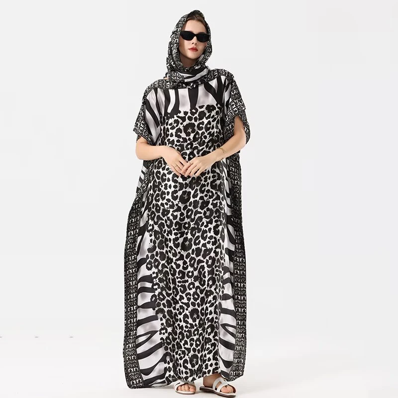 1 leopard-spotted mixed-color satin robe with headscarf, elegant extra-large long dress for women's vacation
1 leopard-spotted mixed-color satin robe with headscarf, elegant extra-large long dress for women's vacation