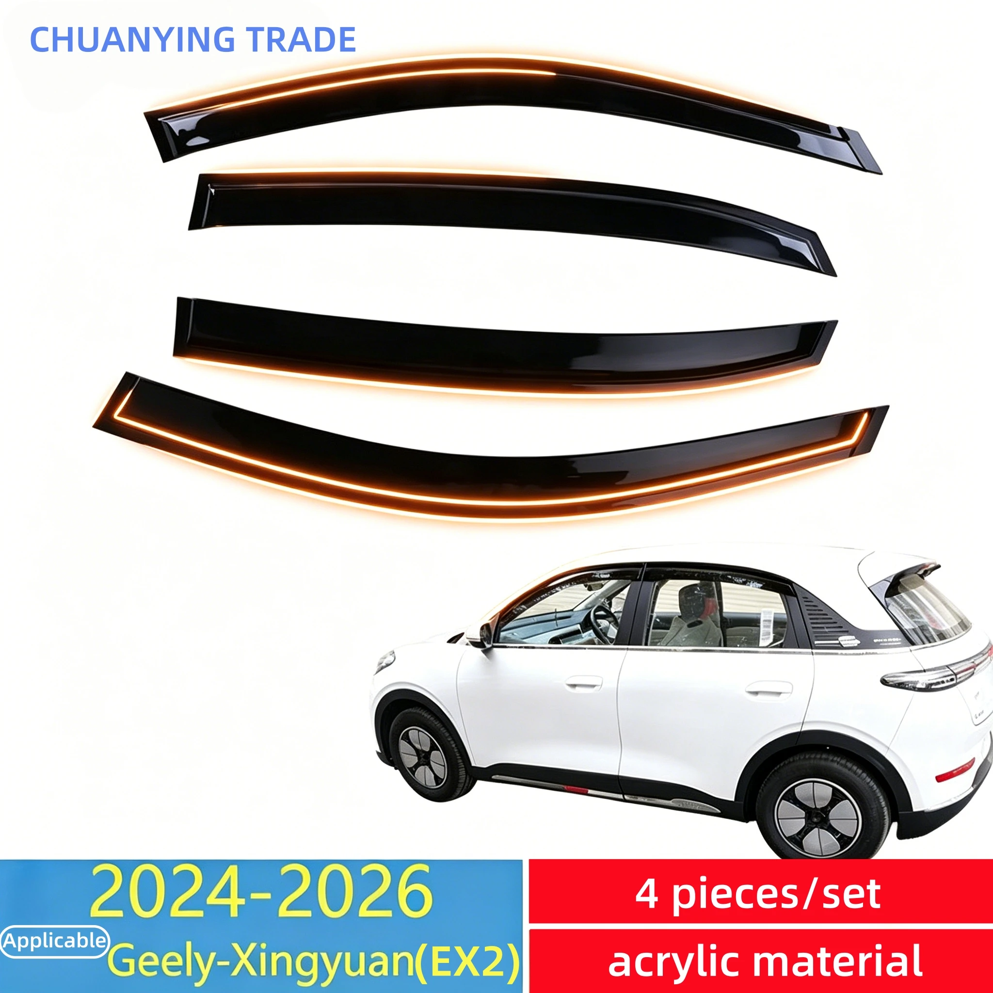 Black Acrylic Car Window Visors Rain Guards Fit for 2024-2026 Geely Galaxy Xingyuan EX2 Waterproof and sunshade car exterior
Black Acrylic Car Window Visors Rain Guards Fit for 2024-2026 Geely Galaxy Xingyuan EX2 Waterproof and sunshade car exterior