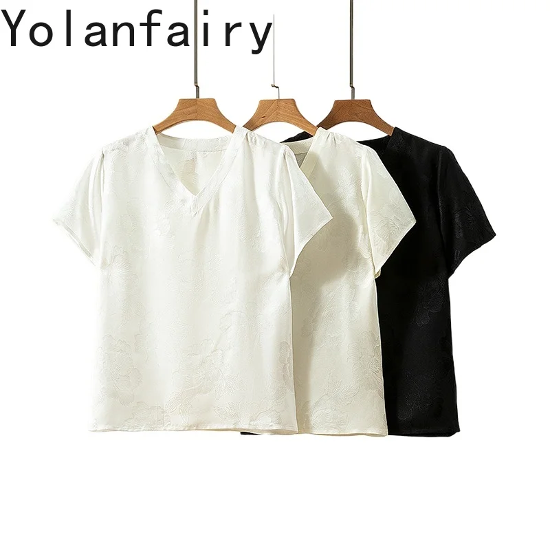 YOLANFAIRY, новые женские футболки из 100% тутового шелка, элегантный жаккардовый пуловер, летний топ, свободная белая футболка, однотонная футболка Femme
YOLANFAIRY, новые женские футболки из 100% тутового шелка, элегантный жаккардовый пуловер, летний топ, свободная белая футболка, однотонная футболка Femme