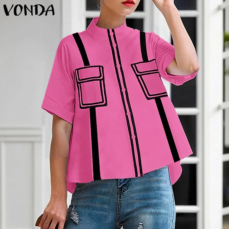 2026 VONDA, летние женские рубашки, модная цветная лоскутная блузка с коротким рукавом, повседневная свободная блузка с воротником-стойкой, элегантные офисные женские топы
2026 VONDA, летние женские рубашки, модная цветная лоскутная блузка с коротким рукавом, повседневная свободная блузка с воротником-стойкой, элегантные офисные женские топы