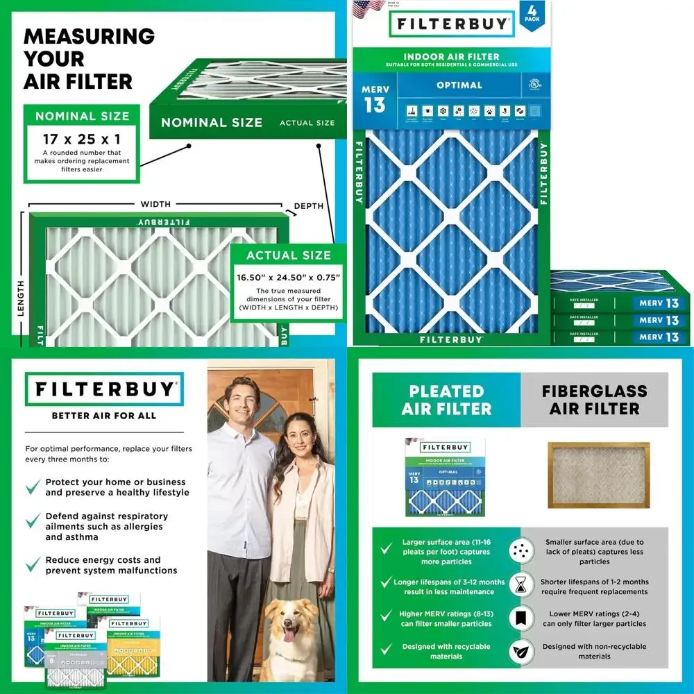 4-Pack MERV 13 Air Filters for Smoke and Allergy Relief, 16.5 x 24.5 x 0.75 inches, HVAC AC Furnace Replacement Filters
4-Pack MERV 13 Air Filters for Smoke and Allergy Relief, 16.5 x 24.5 x 0.75 inches, HVAC AC Furnace Replacement Filters