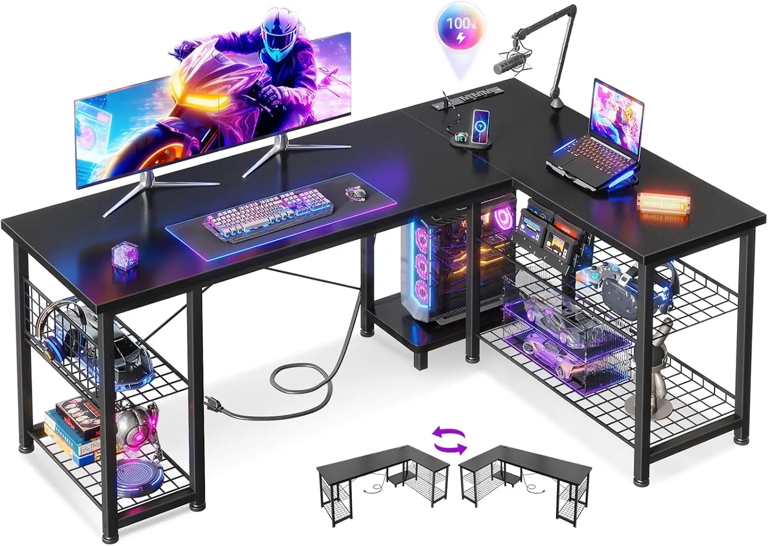 51 Inch L Shaped Gaming Desk with Shelves & Power Outlets, Reversible Computer Desk for Home Office, Black
51 Inch L Shaped Gaming Desk with Shelves & Power Outlets, Reversible Computer Desk for Home Office, Black