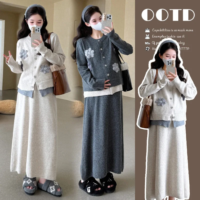 Одежда для беременных, осенний новый стиль, корейская версия, модный молодежный вязаный топ с цветочным принтом и юбка-миди, осенний комплект свитера 
Одежда для беременных, осенний новый стиль, корейская версия, модный молодежный вязаный топ с цветочным принтом и юбка-миди, осенний комплект свитера