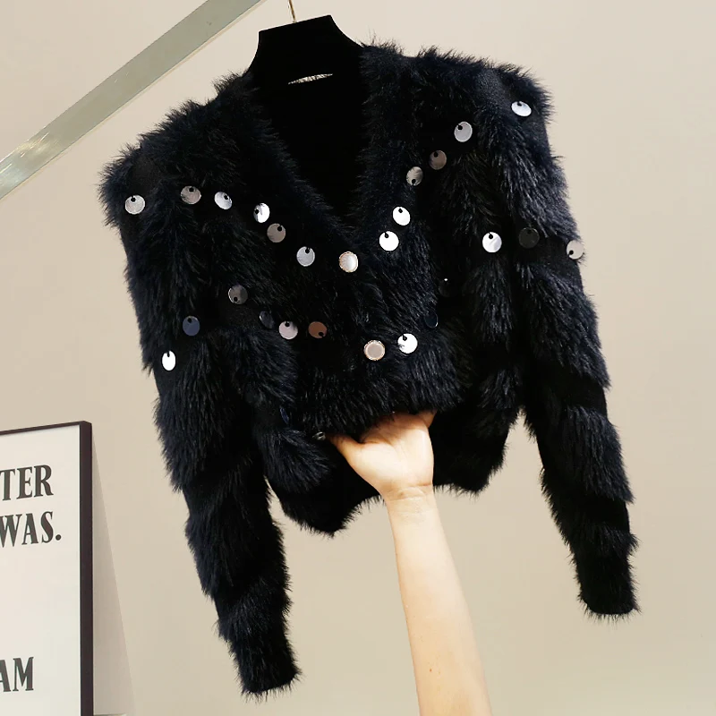 Faionable Высококачественный кардиган ручной работы из искусственного меха с блестками, длинный светр-кардиган на одной пуговице, Sli Commute V-Ne, топ из смеси шерсти 
Faionable Высококачественный кардиган ручной работы из искусственного меха с блестками, длинный светр-кардиган на одной пуговице, Sli Commute V-Ne, топ из смеси шерсти