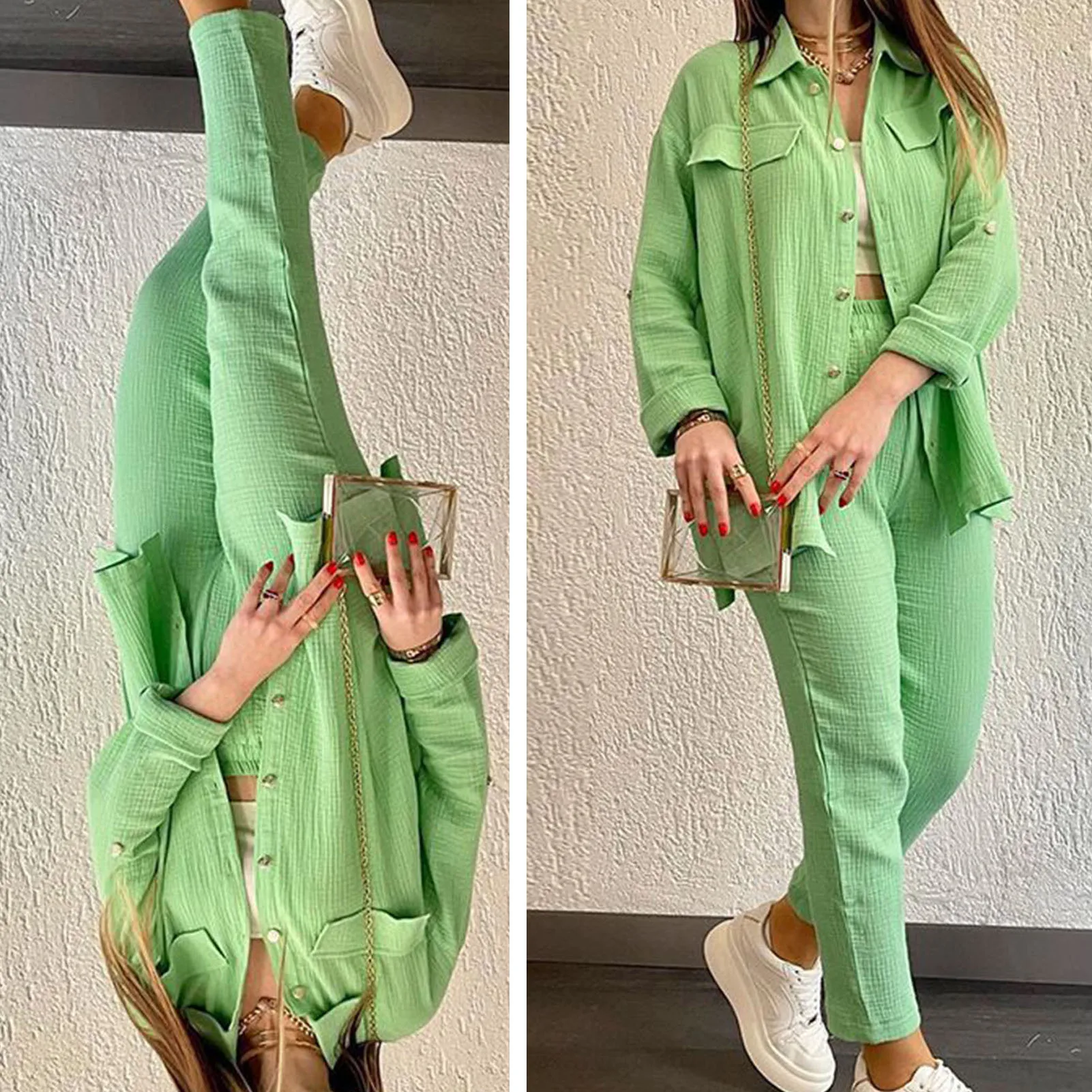 Two-piece Vintage Solid Color Long-sleeved Button-down Shirt Shirt Women's Casual Loose Straight Leg Pantsuit
Two-piece Vintage Solid Color Long-sleeved Button-down Shirt Shirt Women's Casual Loose Straight Leg Pantsuit