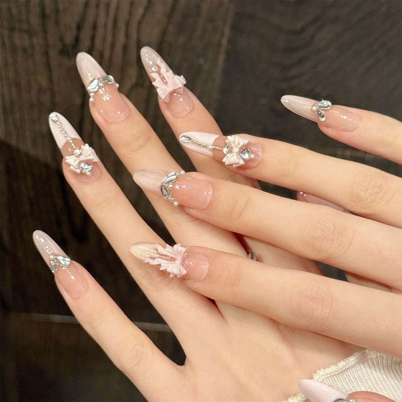 10pcs Sweet Ballet Wearable Handmade Fake Nails 3D Pink Bowknots Diamond French Style Press On Nails Orange Almond False Nail
10pcs Sweet Ballet Wearable Handmade Fake Nails 3D Pink Bowknots Diamond French Style Press On Nails Orange Almond False Nail