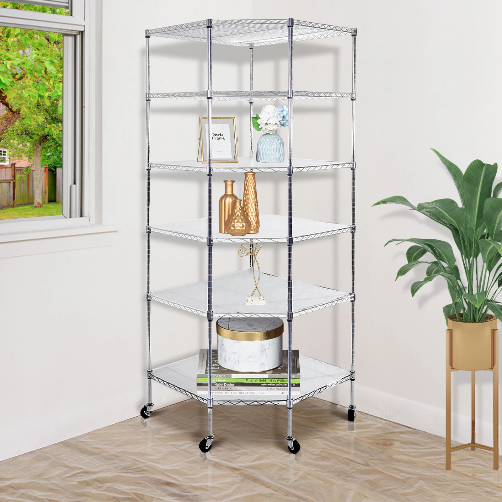 6-Layer Chrome Plated Polygonal Corner Shelf with 2" PP Wheels - 680x680x1800mm Silver
6-Layer Chrome Plated Polygonal Corner Shelf with 2" PP Wheels - 680x680x1800mm Silver