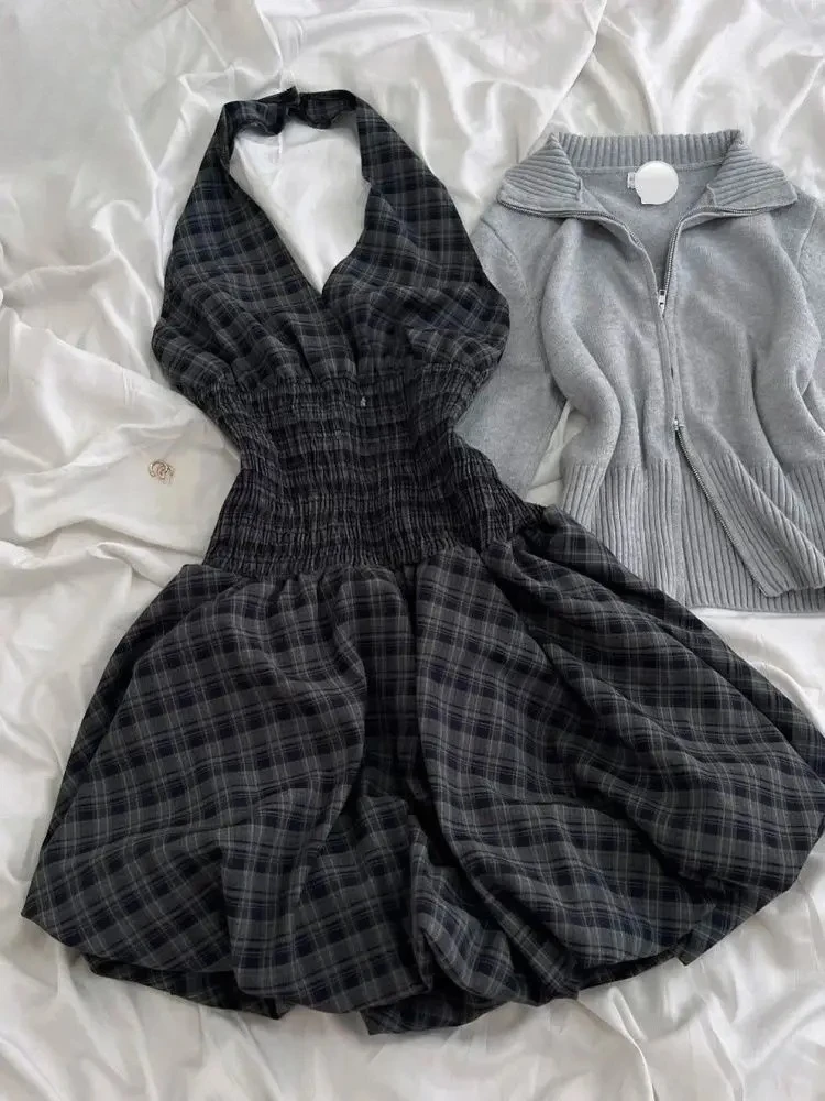 Coquette Vintage Plaid Mini Dress Women Halter Neck Tie Back Shirred Waist Puffy Hem Kawaii Korean Sweet Fashion Daily Outfit
Coquette Vintage Plaid Mini Dress Women Halter Neck Tie Back Shirred Waist Puffy Hem Kawaii Korean Sweet Fashion Daily Outfit