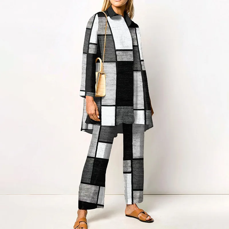 Geometric Print Two Piece Outfit Long Sleeve Shirt and Wide Leg Pants Co-ord Set Casual Loose Fit Matching Set for Women
Geometric Print Two Piece Outfit Long Sleeve Shirt and Wide Leg Pants Co-ord Set Casual Loose Fit Matching Set for Women