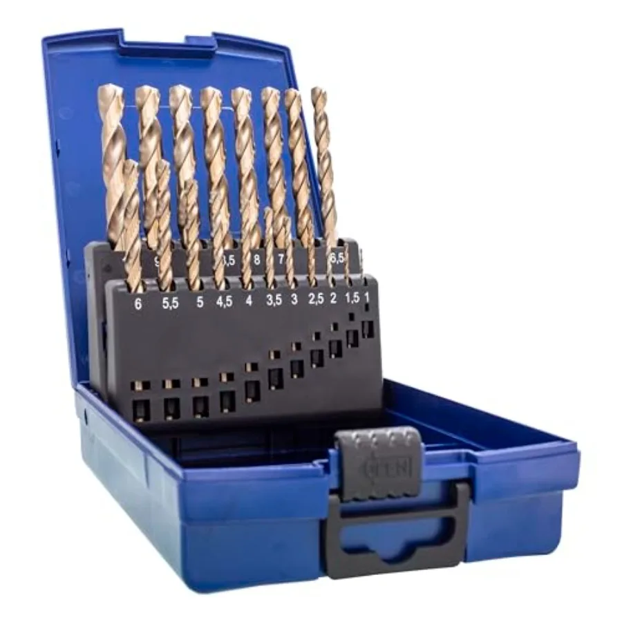 ® HSS-E M35 Cobalt Twist Drill Bit Set 19 Pieces 1-10mm 0.5mm Steps Self-Centering Metal Drill Bit DIN 338 Type N 135° for Stai
® HSS-E M35 Cobalt Twist Drill Bit Set 19 Pieces 1-10mm 0.5mm Steps Self-Centering Metal Drill Bit DIN 338 Type N 135° for Stai