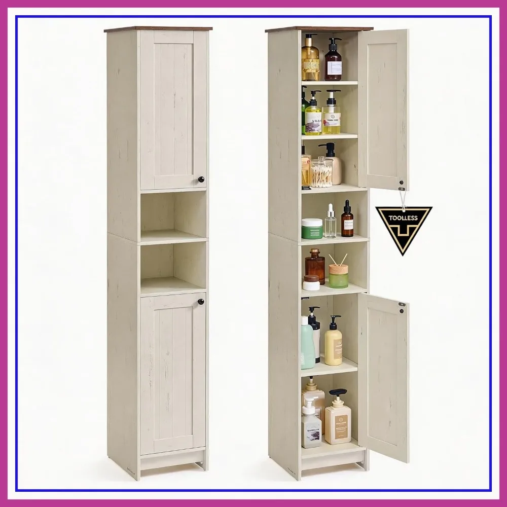 67-Inch Tall Bathroom Storage Cabinet, Toolless Assembly, Slim Narrow Freestanding with Adjustable Shelves, Rustic White
67-Inch Tall Bathroom Storage Cabinet, Toolless Assembly, Slim Narrow Freestanding with Adjustable Shelves, Rustic White