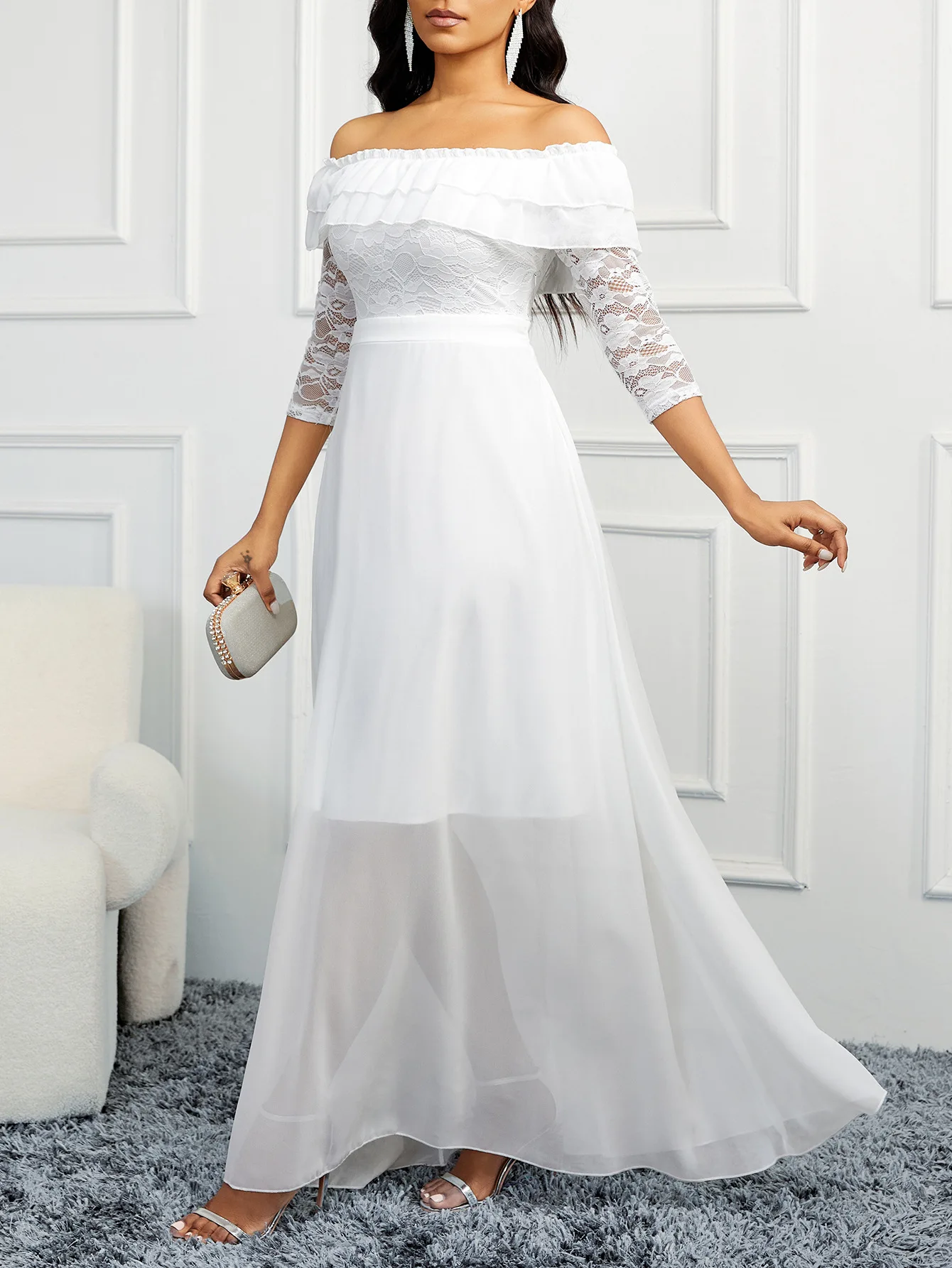 

Women Elegant Dress White Ruffles Off-the-shoulder Lace Sleeves Chiffon A-line Skirt Hem Fashion Banquet Cocktail Party