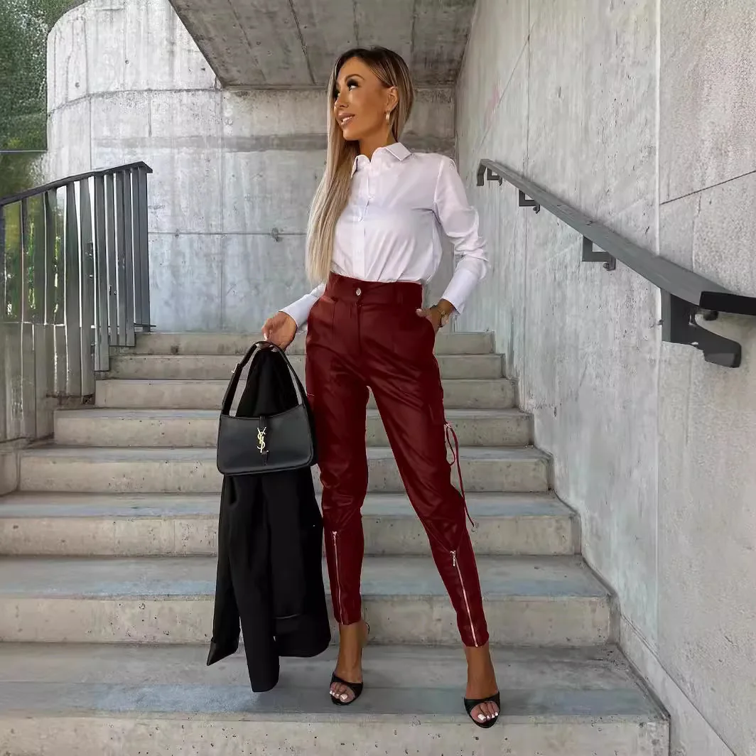 25 Year Autumn And Winter Fashion Slim Fit PU Leather Waist Cinched Small Leg Pants Pocket 23005-1
25 Year Autumn And Winter Fashion Slim Fit PU Leather Waist Cinched Small Leg Pants Pocket 23005-1