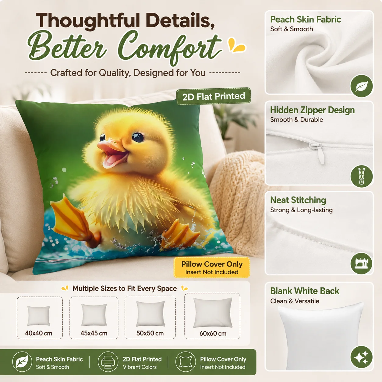 Cute Yellow Duck Pillowcase 2D Flat Printed Peach Skin Cushion Cover for Kids Room Sofa Living Room Spring Summer Home Decor
Cute Yellow Duck Pillowcase 2D Flat Printed Peach Skin Cushion Cover for Kids Room Sofa Living Room Spring Summer Home Decor