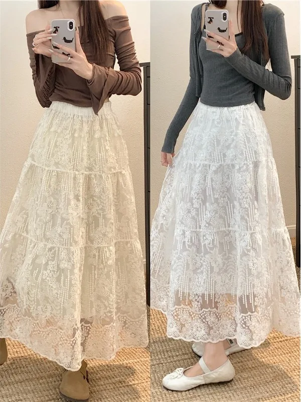 Elegant Embroidered Lace Skirt Women's Mid-Length A-Line Skirt Elastic Waist Korean Style Commute High Waist Daily Wear
Elegant Embroidered Lace Skirt Women's Mid-Length A-Line Skirt Elastic Waist Korean Style Commute High Waist Daily Wear