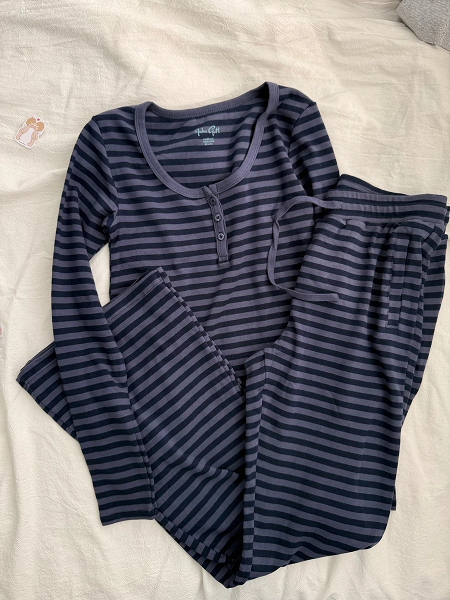 Navy Striped 2 Piece Sets Women Vintage Buttons Cotton Long Sleeve Tee Straight Trousers Home Sweet T-shirt Pant Pajama Set Y2K
Navy Striped 2 Piece Sets Women Vintage Buttons Cotton Long Sleeve Tee Straight Trousers Home Sweet T-shirt Pant Pajama Set Y2K