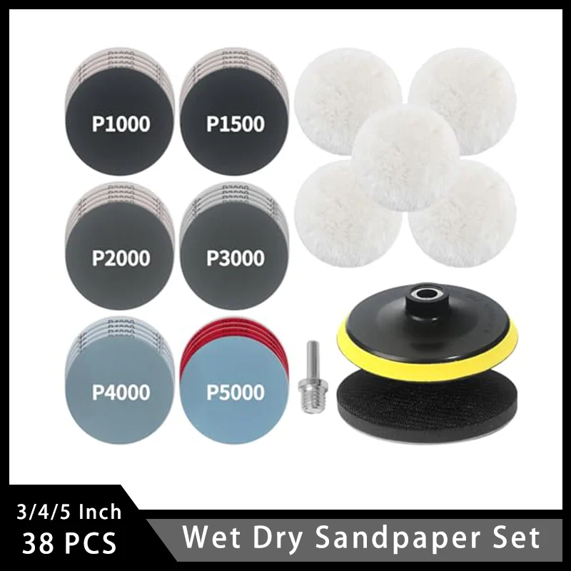 3/4/5-дюймовая влажная и сухая шлифовальная бумага, 38 шт., с шерстяной полировальной подушечкой, подложка в ассортименте, зернистость 1000-5000 для автомобильной дрели, автомобиля 
3/4/5-дюймовая влажная и сухая шлифовальная бумага, 38 шт., с шерстяной полировальной подушечкой, подложка в ассортименте, зернистость 1000-5000 для автомобильной дрели, автомобиля