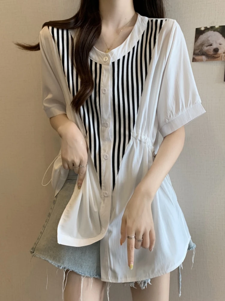 Slimming Striped Short Sleeve Base Shirt Women's Summer Fashion plus Size Conceals Belly Waist Cinched Midi Length Top
Slimming Striped Short Sleeve Base Shirt Women's Summer Fashion plus Size Conceals Belly Waist Cinched Midi Length Top