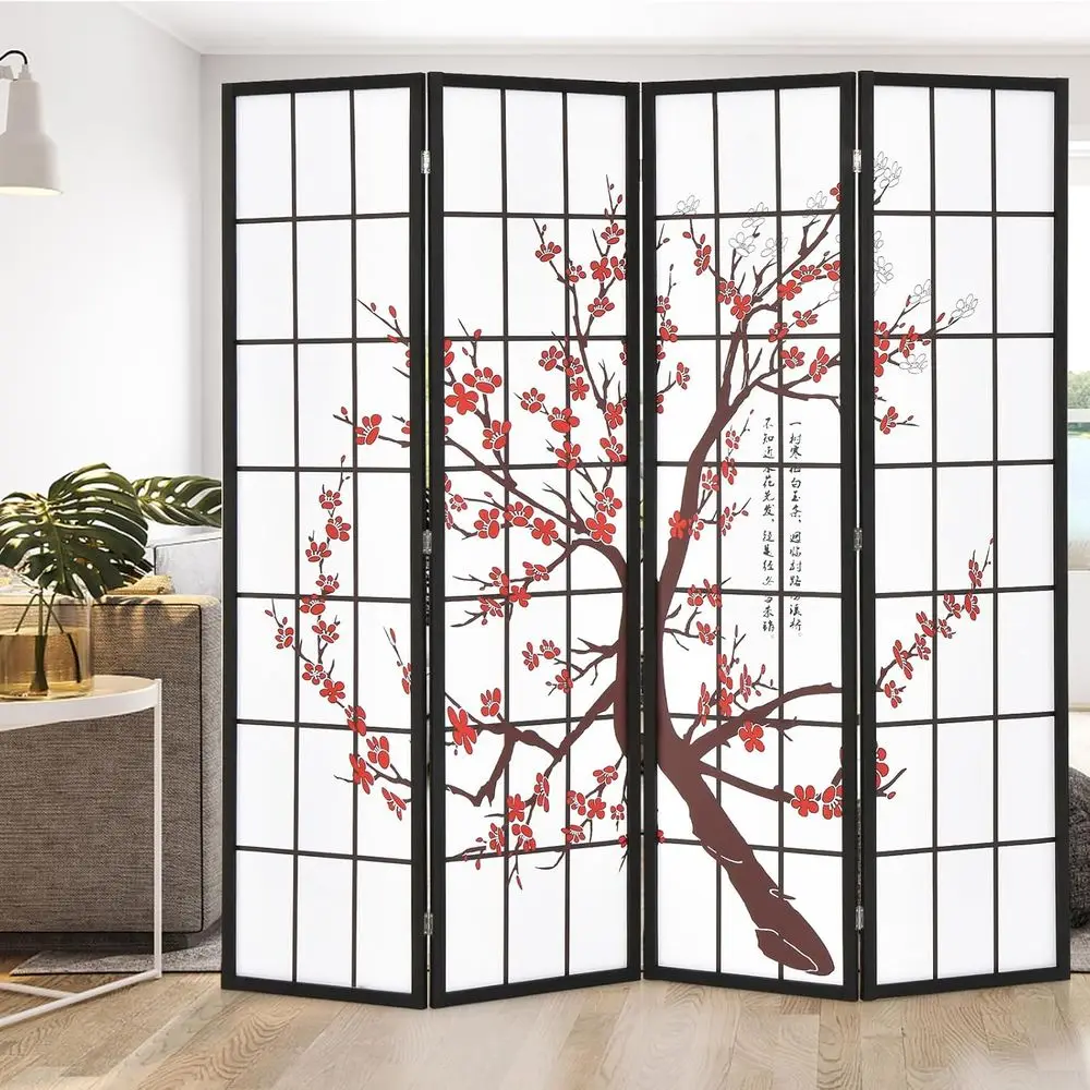 Japanese Style 4 Panel Room Divider, 6 ft Folding Shoji Screen Room Partition with Plum Blossom Design, Solid Wood Frame
Japanese Style 4 Panel Room Divider, 6 ft Folding Shoji Screen Room Partition with Plum Blossom Design, Solid Wood Frame
