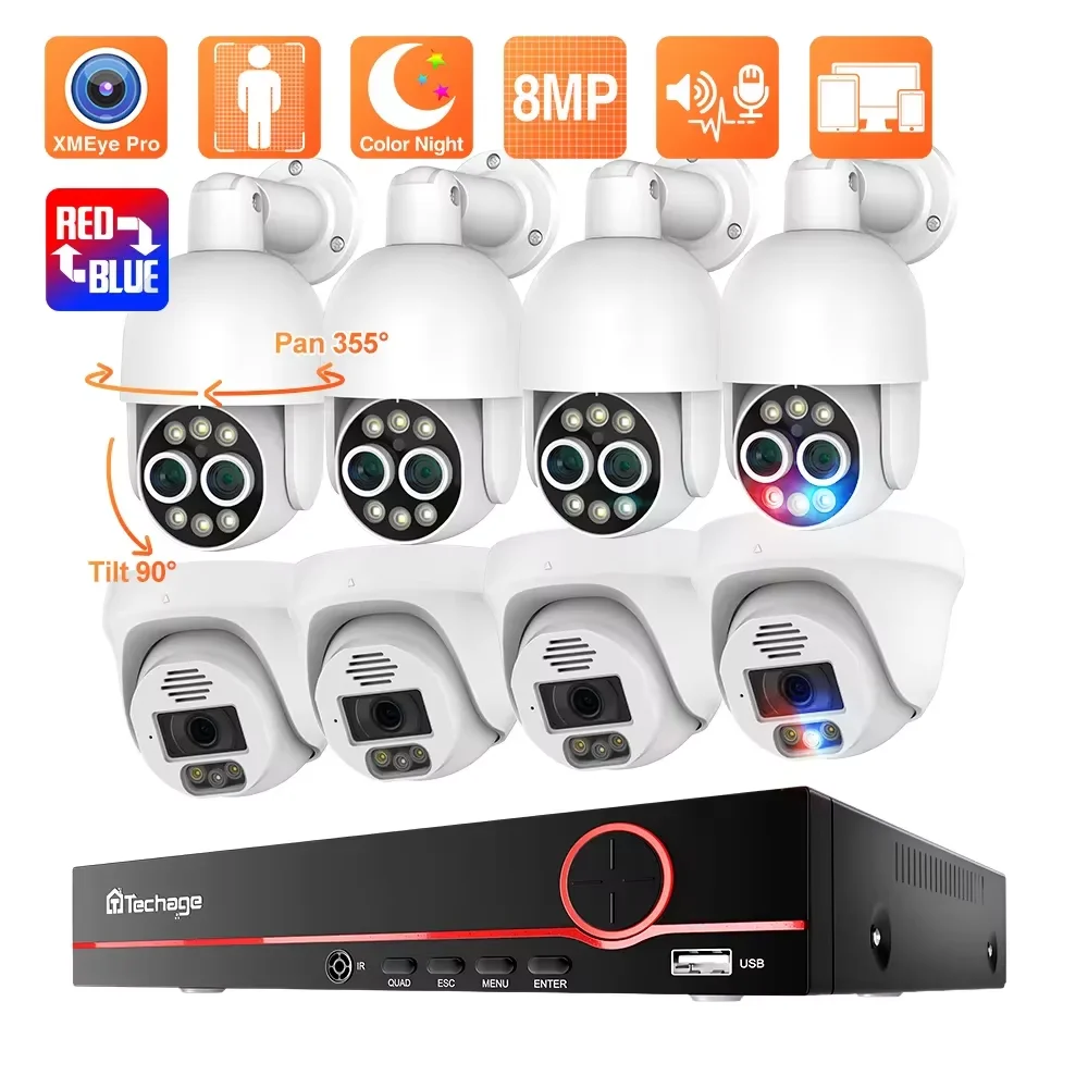 Techage Smart Security H.265 8MP 8CH POE Camera Set AI Human Detected Dual Lens PTZ POE Camera Colorful Night Video CCTV P2P
Techage Smart Security H.265 8MP 8CH POE Camera Set AI Human Detected Dual Lens PTZ POE Camera Colorful Night Video CCTV P2P