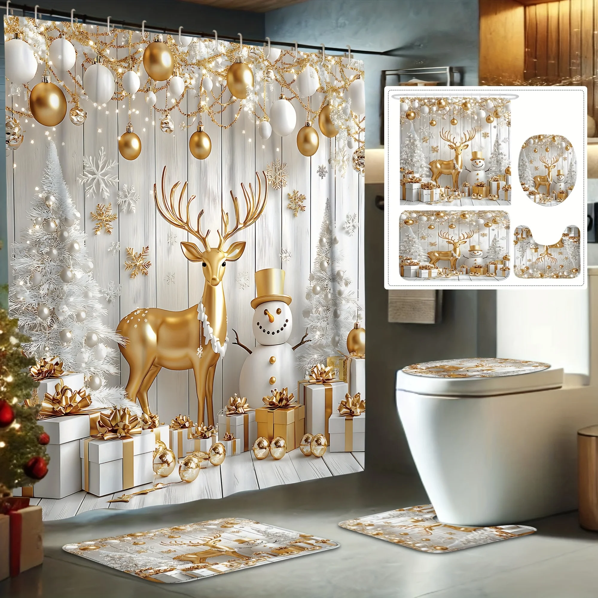 4Pcs Xmas Shower Set, Gold White Tree Deer Snowman Design, Holiday Bath Decor, 12 Hooks, Non-Slip Mat, U-Shaped Toilet Cover
4Pcs Xmas Shower Set, Gold White Tree Deer Snowman Design, Holiday Bath Decor, 12 Hooks, Non-Slip Mat, U-Shaped Toilet Cover