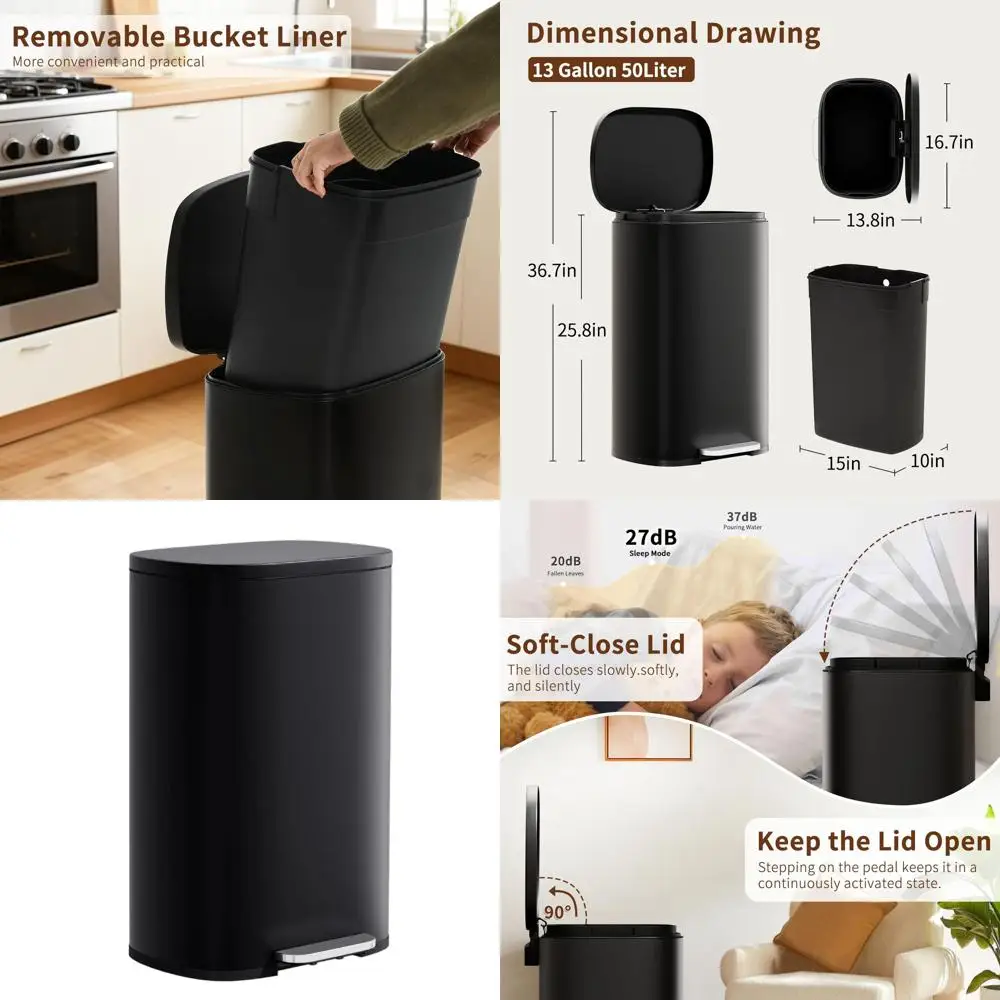 Foot-Pedal Stainless Steel Trash Can with Removable Inner Bucket, 13 Gallons, Black for Home and Kitchen Use
Foot-Pedal Stainless Steel Trash Can with Removable Inner Bucket, 13 Gallons, Black for Home and Kitchen Use