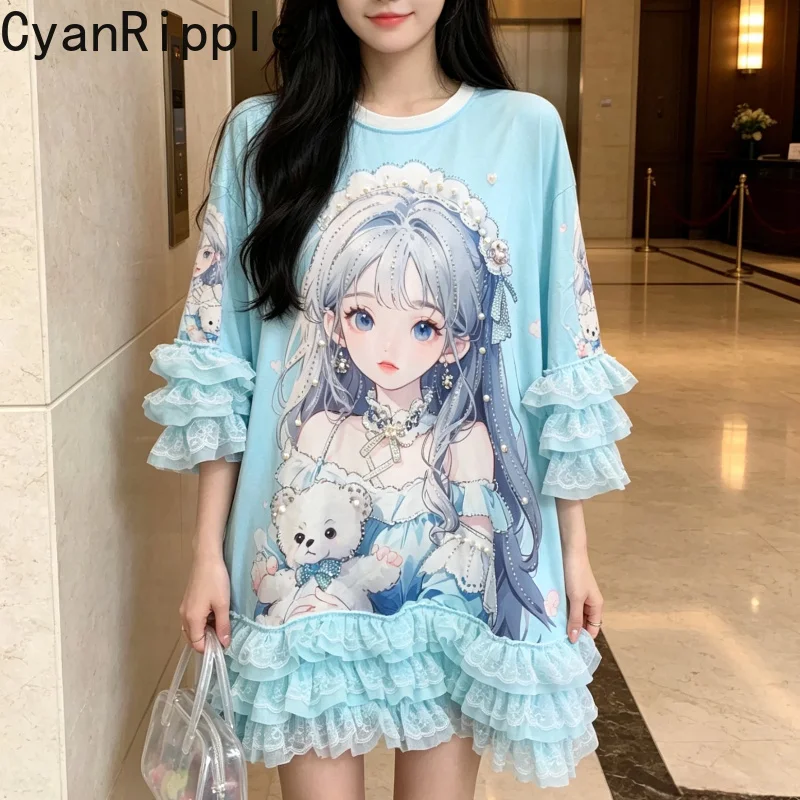 2D Cute Cartoon Printed Loose T-shirt Top Subculture New Summer All-match Elegant Lace Flare Sleeve Mid-long Princess Tees Dress
2D Cute Cartoon Printed Loose T-shirt Top Subculture New Summer All-match Elegant Lace Flare Sleeve Mid-long Princess Tees Dress