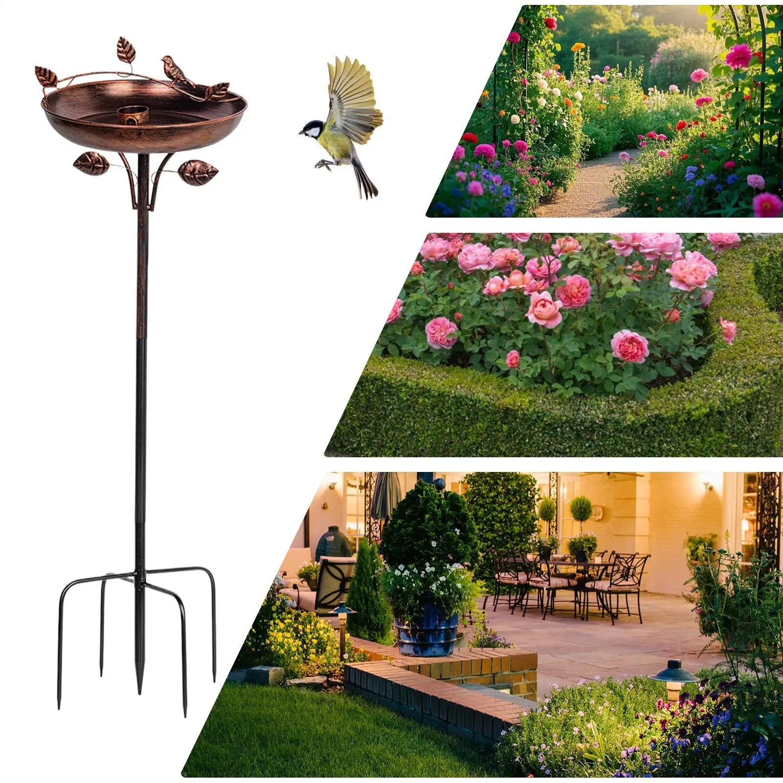 Bird Baths bowl 41 Inch Tall Vintage Metal bird feeder Garden Bird Bath tub with 5 Prongs Base Stake for Garden Patio Balcony
Bird Baths bowl 41 Inch Tall Vintage Metal bird feeder Garden Bird Bath tub with 5 Prongs Base Stake for Garden Patio Balcony