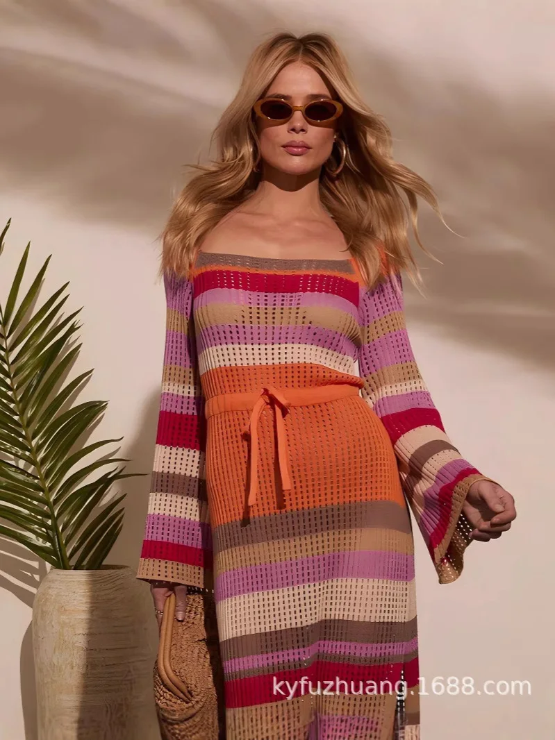 2025 Spring And Summer European And American New Women's Sexy Beach Dress Striped Color Matching Pullover Knitted Dress
2025 Spring And Summer European And American New Women's Sexy Beach Dress Striped Color Matching Pullover Knitted Dress