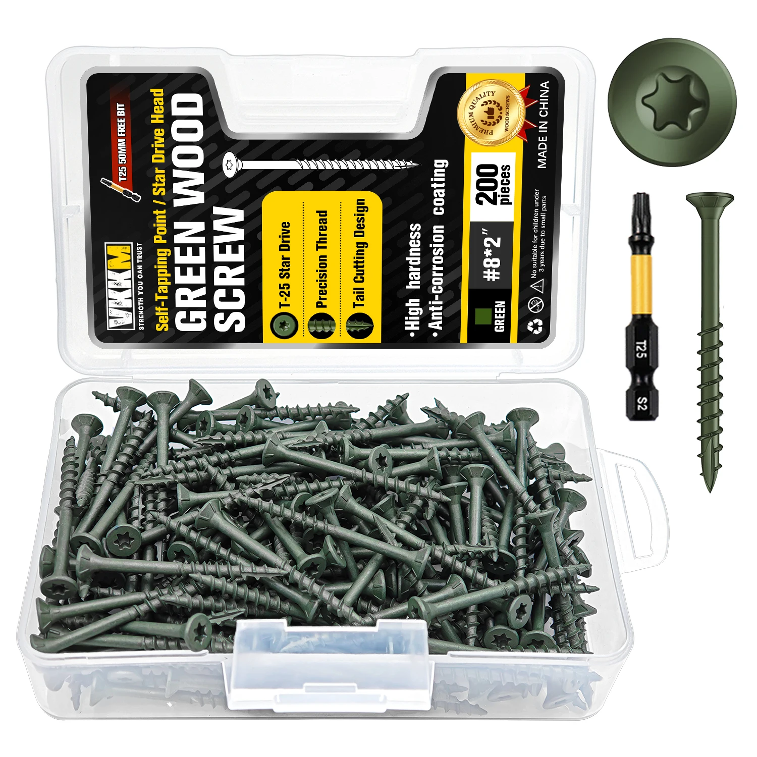 VKKM Green Wood Screws #8×2" 200pcs T25 Torx Star Drive Self-Tapping Flat Head Anti-Corrosion No Pre-Drilling Prevents Wood Splitting with Free Bit for Deck Fence
VKKM Green Wood Screws #8×2" 200pcs T25 Torx Star Drive Self-Tapping Flat Head Anti-Corrosion No Pre-Drilling Prevents Wood Splitting with Free Bit for Deck Fence