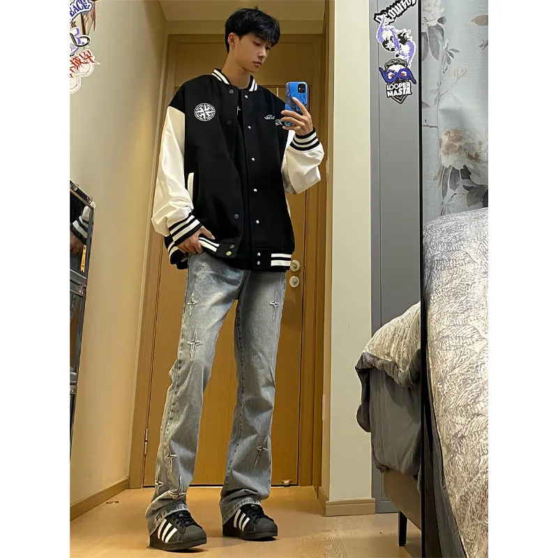 Cross Stitched Slim Fit Micro Flared Jeans for Men American High Street Sle Trendy Brand Cotton Denim Straight Leg Trousers
Cross Stitched Slim Fit Micro Flared Jeans for Men American High Street Sle Trendy Brand Cotton Denim Straight Leg Trousers