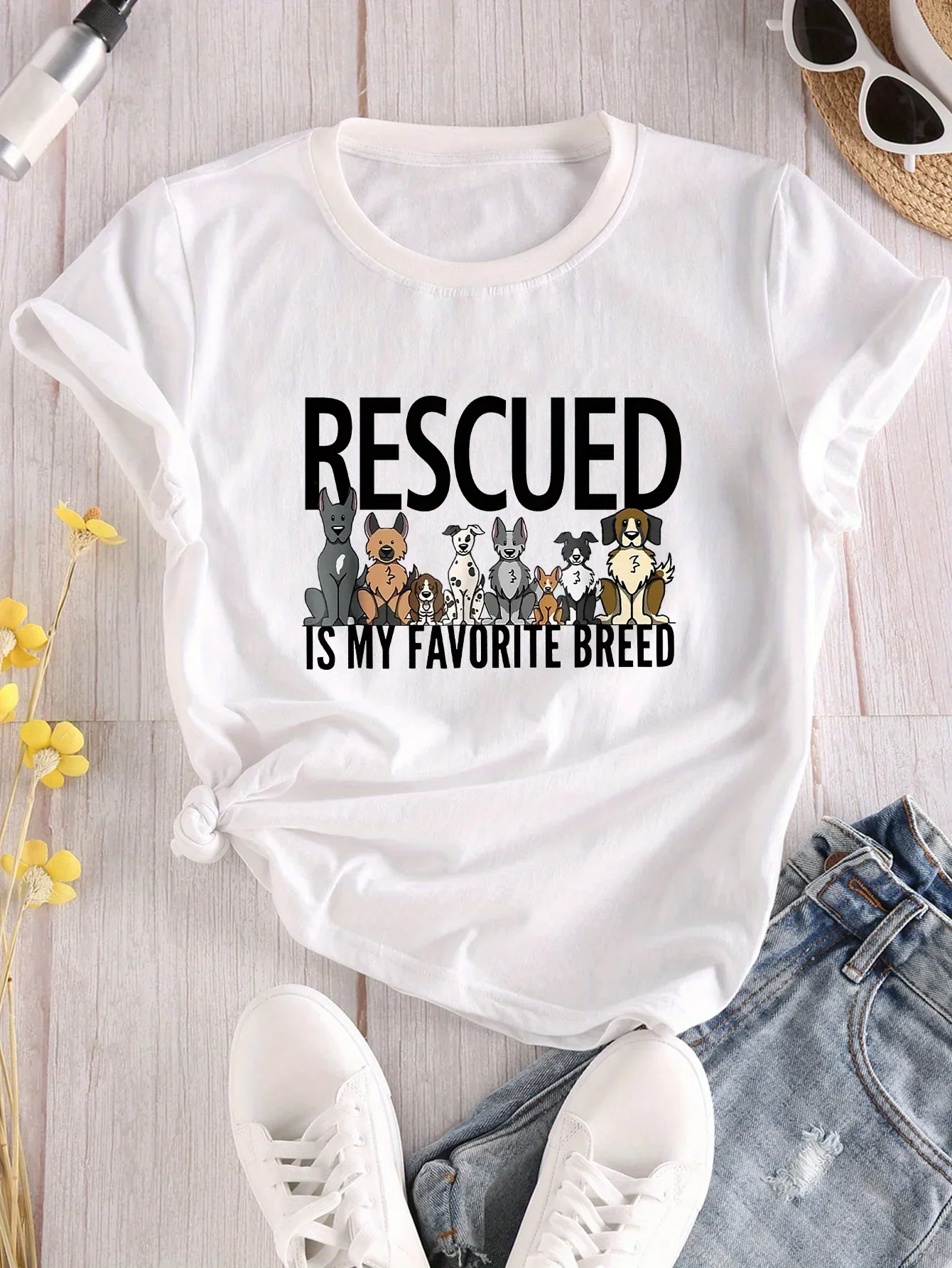 RESCUED & Dogs Print Crew Neck T-Shirt Casual Short Sleeve Top for Spring & Summer Women's Clothing
RESCUED & Dogs Print Crew Neck T-Shirt Casual Short Sleeve Top for Spring & Summer Women's Clothing