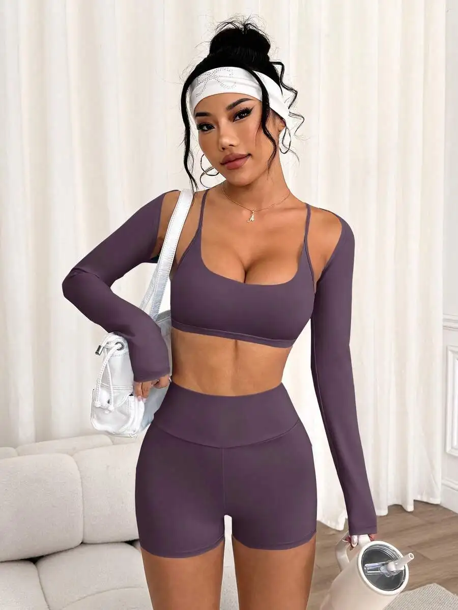 Women 3 Piece Athletic Set: Long Sleeve Crop Top, Spaghetti Strap Sports Bra, High Waist Shorts
Women 3 Piece Athletic Set: Long Sleeve Crop Top, Spaghetti Strap Sports Bra, High Waist Shorts