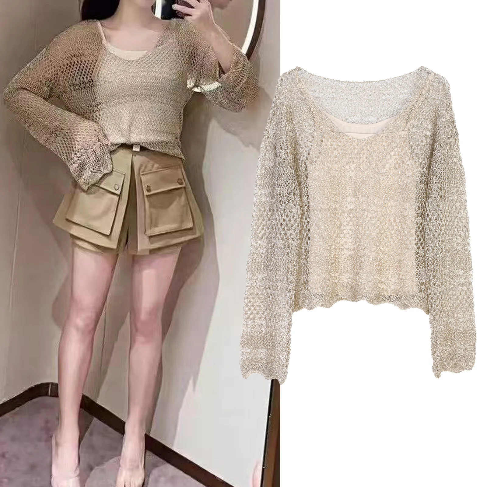Women's Hollow out Long Sleeve Knitted Sweater Two Piece Set Spring Summer New Style Cross Border Gold Thread Overhead Top
Women's Hollow out Long Sleeve Knitted Sweater Two Piece Set Spring Summer New Style Cross Border Gold Thread Overhead Top