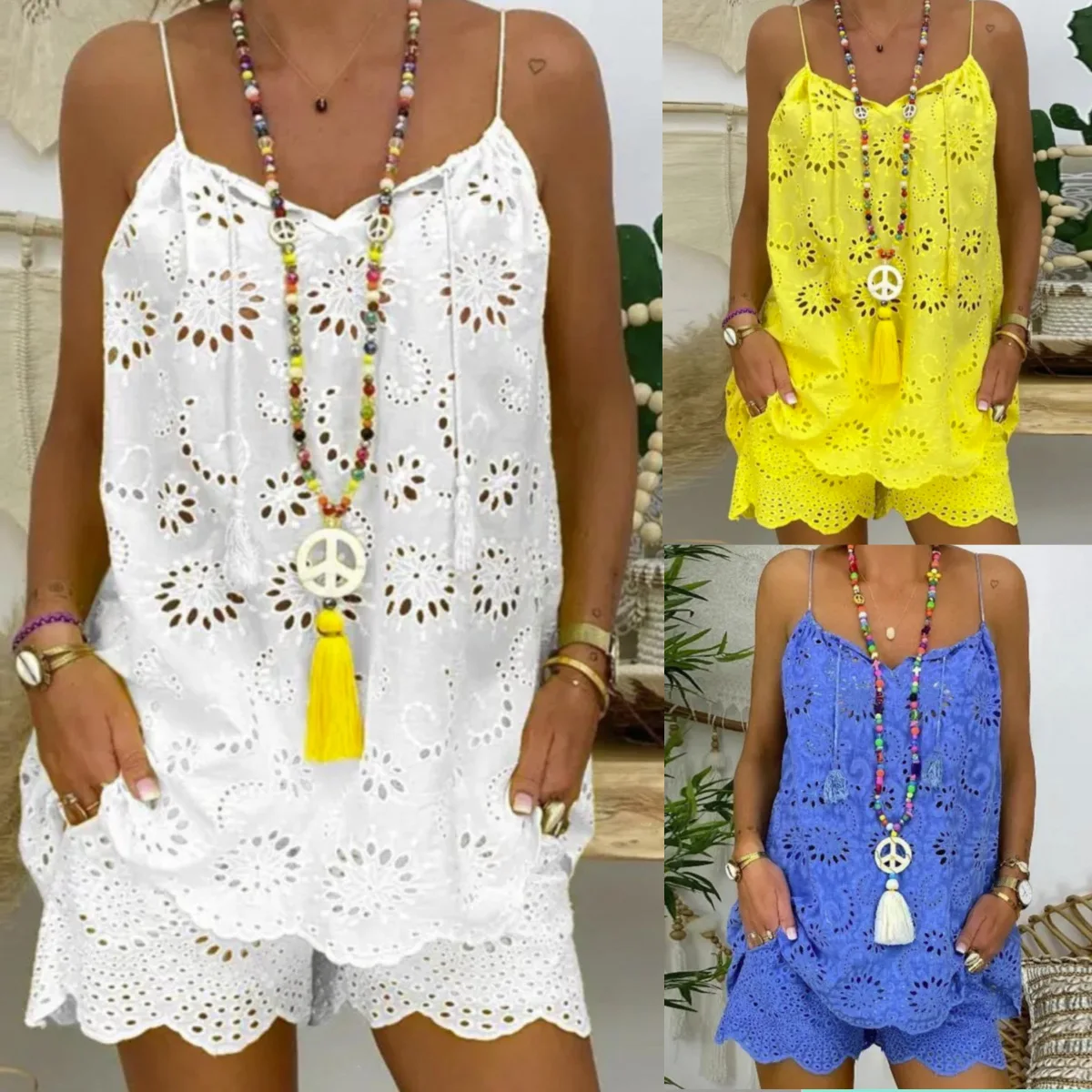 Летние новинки, трансграничный жаккардовый топ с лямкой на шее и вышивкой + свободный комплект шорт с 5 точками Cw27196 
Летние новинки, трансграничный жаккардовый топ с лямкой на шее и вышивкой + свободный комплект шорт с 5 точками Cw27196