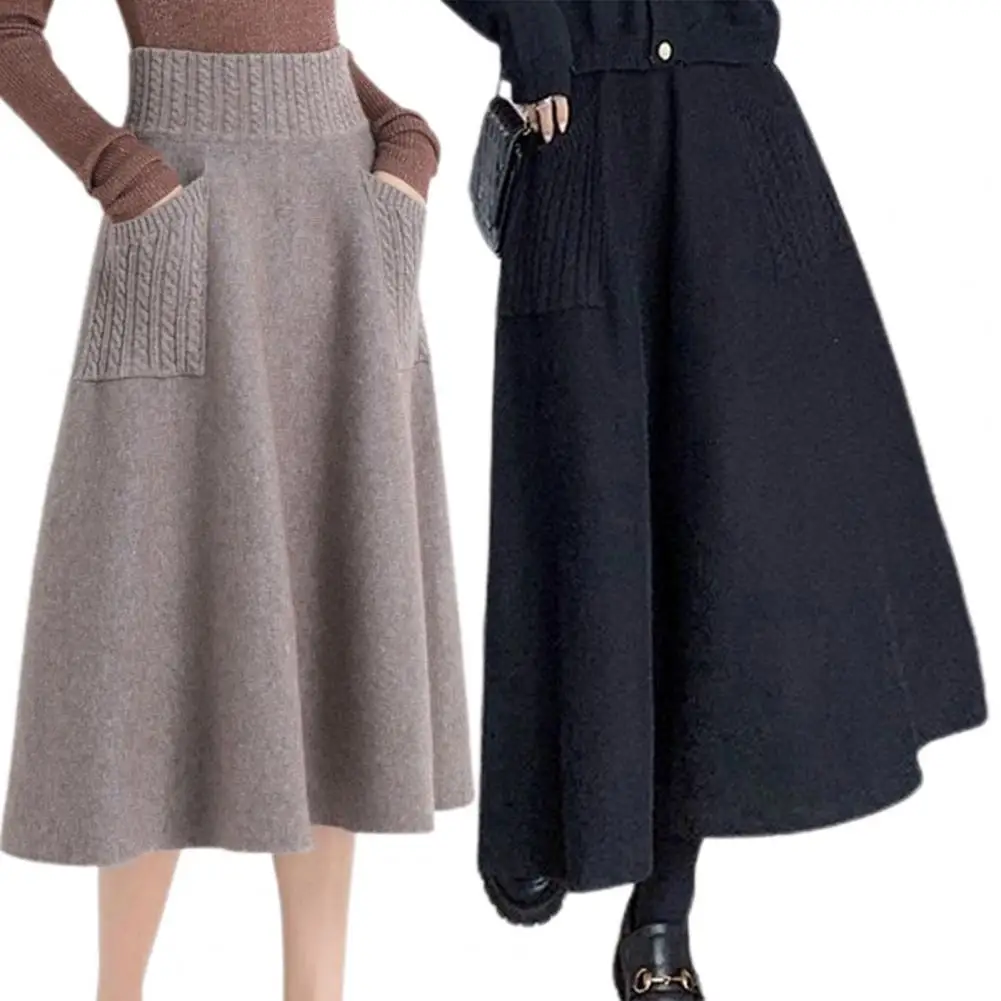 Lady Knitted Skirt Elastic High Waist Thick Loose Big Swing Mid-calf A-line Pocket Midi Women Fall Winter Skirt
Lady Knitted Skirt Elastic High Waist Thick Loose Big Swing Mid-calf A-line Pocket Midi Women Fall Winter Skirt