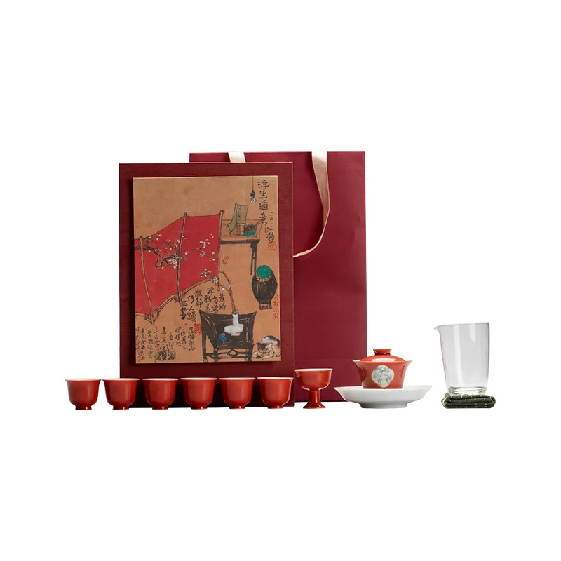 Coral red gold-painted cover bowl, the whole set of Kung Fu tea set, pure handmade ceramics
Coral red gold-painted cover bowl, the whole set of Kung Fu tea set, pure handmade ceramics