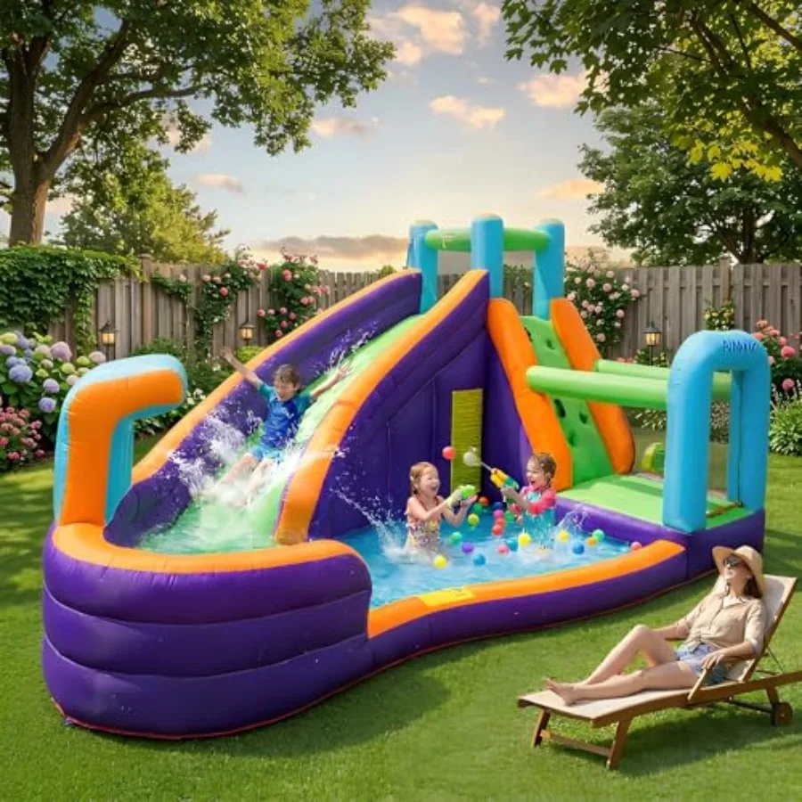 Inflatable Waterslide Water Bounce House for backyard use PVC material blue and yellow includes air blower water spray and spla
Inflatable Waterslide Water Bounce House for backyard use PVC material blue and yellow includes air blower water spray and spla
