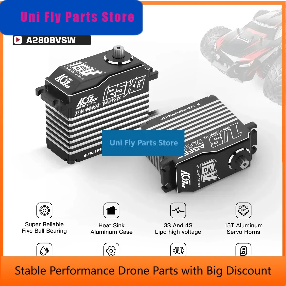 UniFlyAGFRC A280BVSW 125KG 16V Super Torque 3S/4S Brushless Waterproof 1/5 Scale Giant RC Servo For Large Models Buggy Crawler C
UniFlyAGFRC A280BVSW 125KG 16V Super Torque 3S/4S Brushless Waterproof 1/5 Scale Giant RC Servo For Large Models Buggy Crawler C