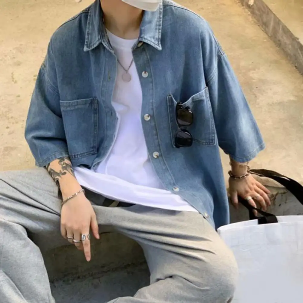 Lapel Collar Summer Shirt for Men Men Summer Lapel Shirt Stylish Men's Denim Button-down Shirt with Chest for Summer for Street
Lapel Collar Summer Shirt for Men Men Summer Lapel Shirt Stylish Men's Denim Button-down Shirt with Chest for Summer for Street