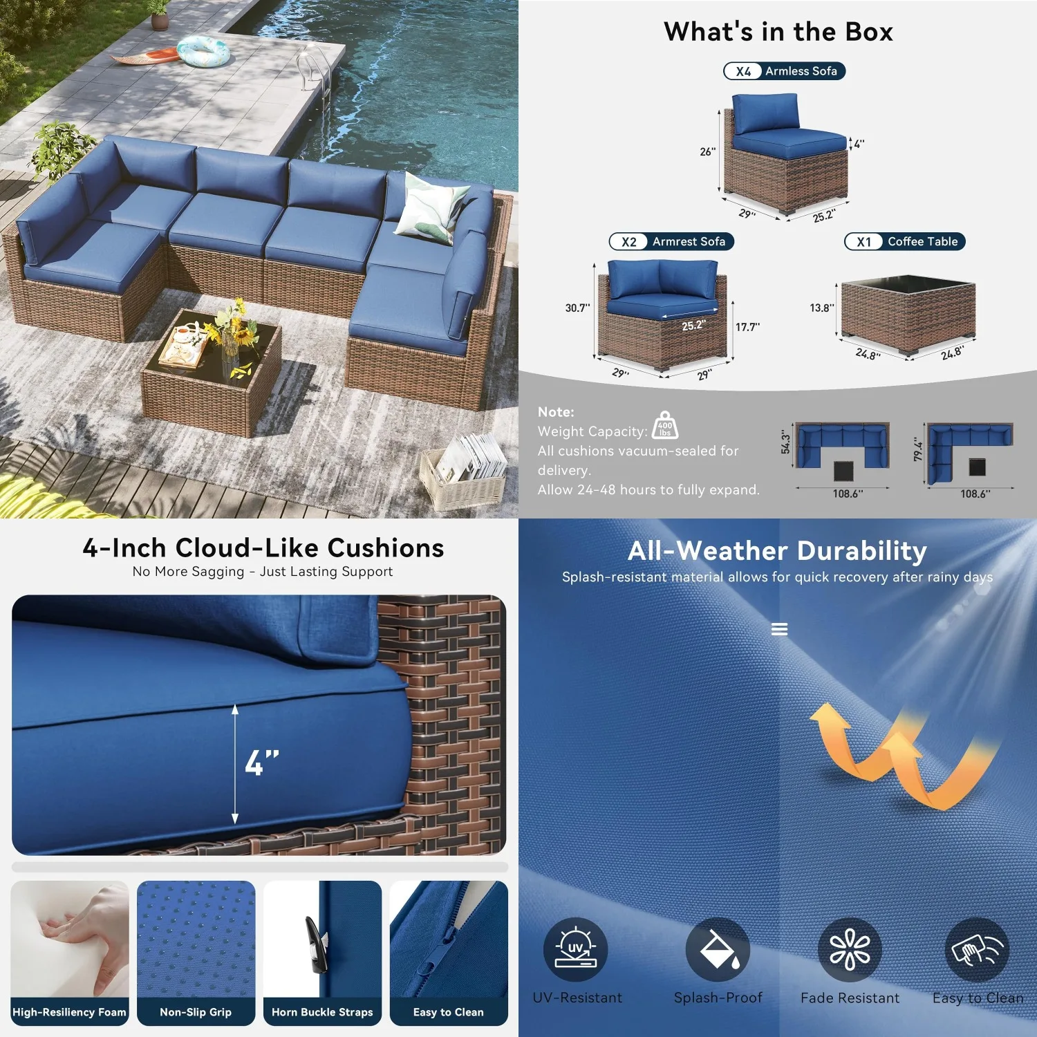 7 Piece Outdoor Patio Furniture Set Wicker Rattan Sofa Table Thicken Cushion Backyard Garden, Customized
7 Piece Outdoor Patio Furniture Set Wicker Rattan Sofa Table Thicken Cushion Backyard Garden, Customized