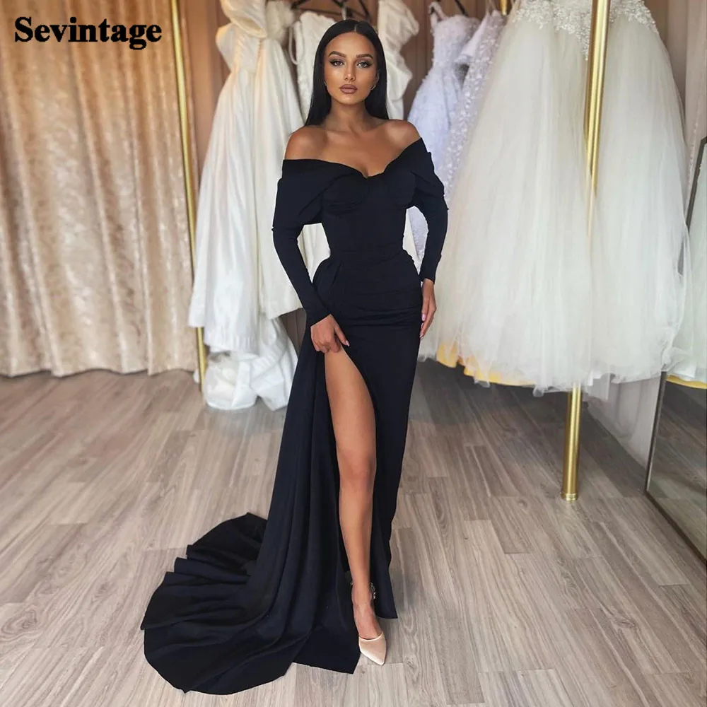 Женское вечернее платье-Русалка Sevintage, черное платье с длинным рукавом и открытыми плечами, платье для выпускного вечера с разрезом сбоку
Женское вечернее платье-Русалка Sevintage, черное платье с длинным рукавом и открытыми плечами, платье для выпускного вечера с разрезом сбоку