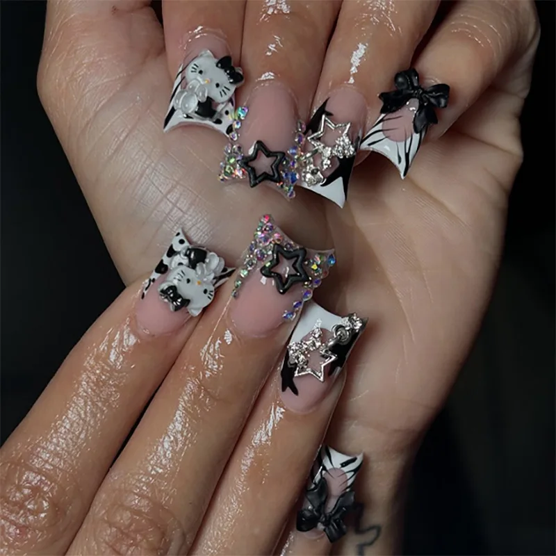 24Pcs Duckbill Nails Press on Y2K French Black Fake Nails Tips with Hellokitty Metal Charms Full Cover Acrylic False Nail
24Pcs Duckbill Nails Press on Y2K French Black Fake Nails Tips with Hellokitty Metal Charms Full Cover Acrylic False Nail