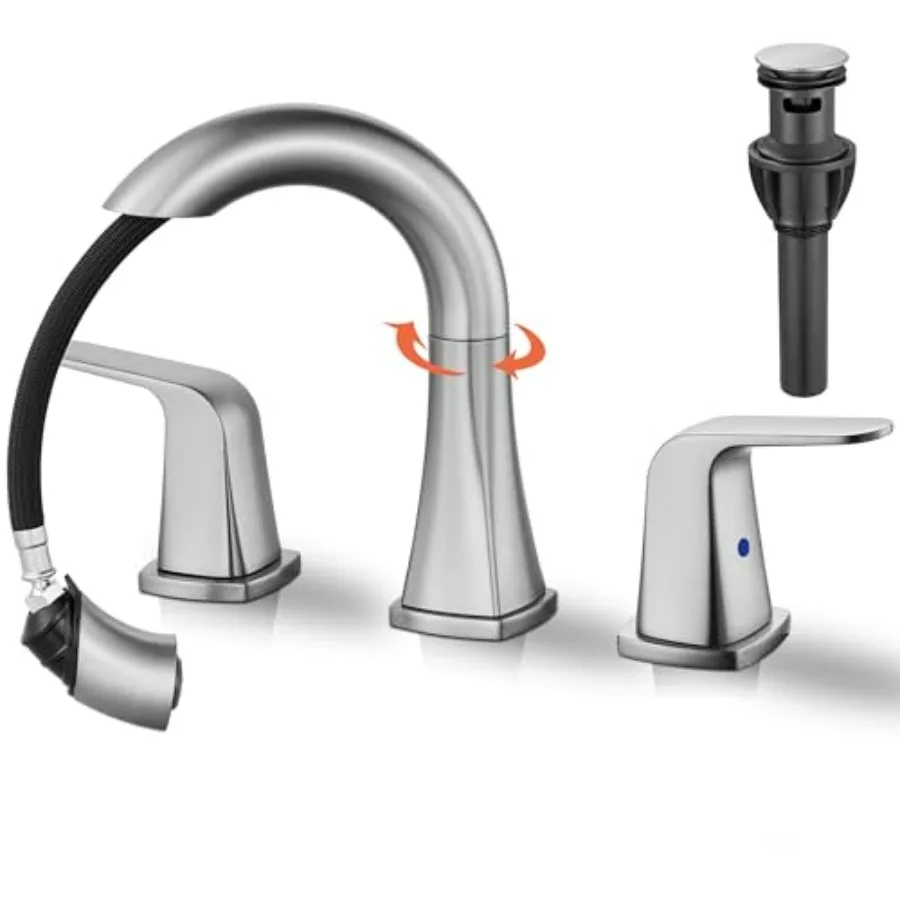 Brushed Nickel Bathroom Faucet with Sprayer - Rotatable 3-Hole 8In Widespread Sink Faucet 2-Handle Vanity Faucet with Pull-Out
Brushed Nickel Bathroom Faucet with Sprayer - Rotatable 3-Hole 8In Widespread Sink Faucet 2-Handle Vanity Faucet with Pull-Out