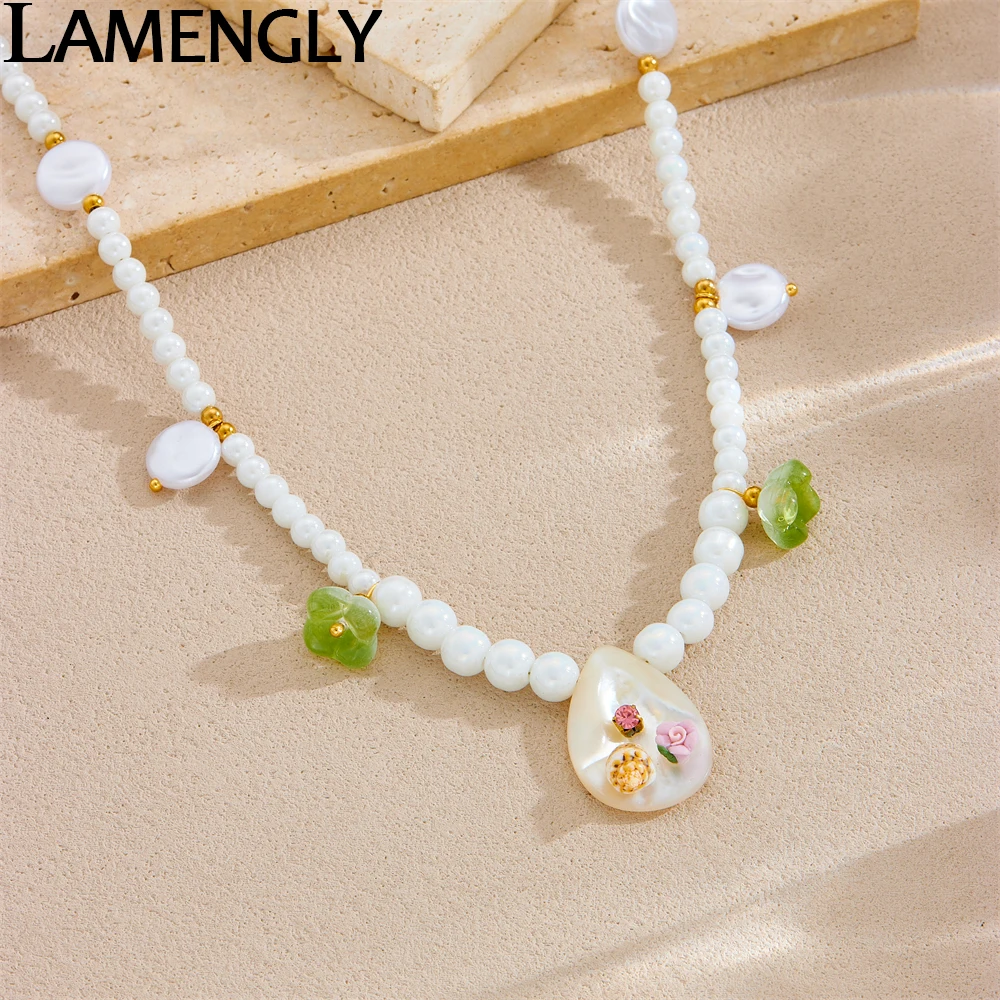 LAMENGLY 316L Stainless Steel White Beads Chain Flower Conch Inlay Droplet Shaped Shell Necklace Women Romantic Clavicle Chain
LAMENGLY 316L Stainless Steel White Beads Chain Flower Conch Inlay Droplet Shaped Shell Necklace Women Romantic Clavicle Chain